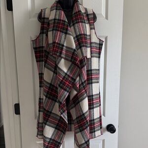 SHEIN Red, Black & Cream Plaid Sleeveless Open Front Coatigan